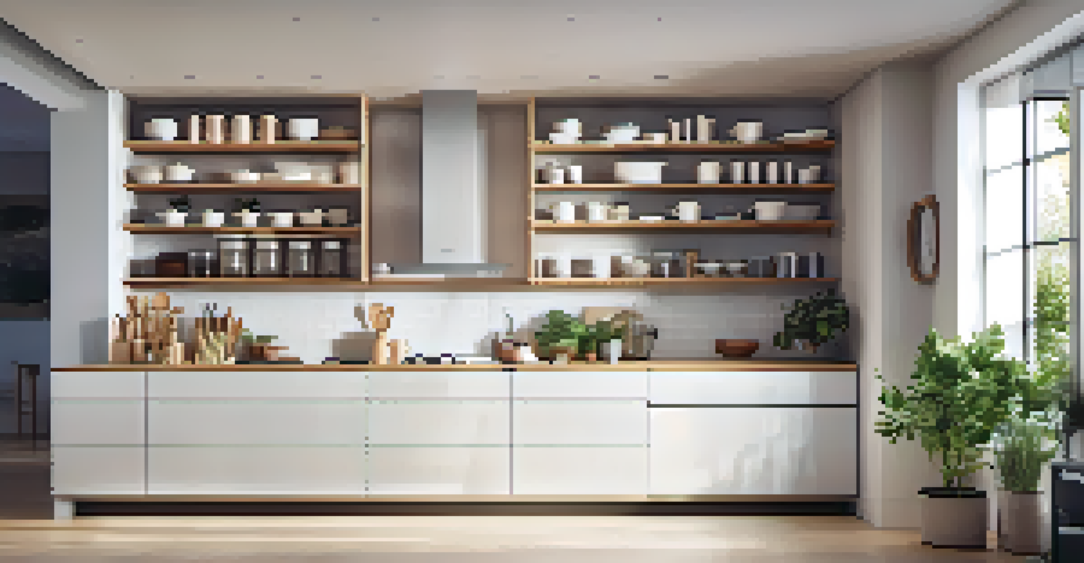 A minimalist kitchen with white cabinets and open shelves, showcasing organized utensils and a potted herb plant, illuminated by warm lighting.