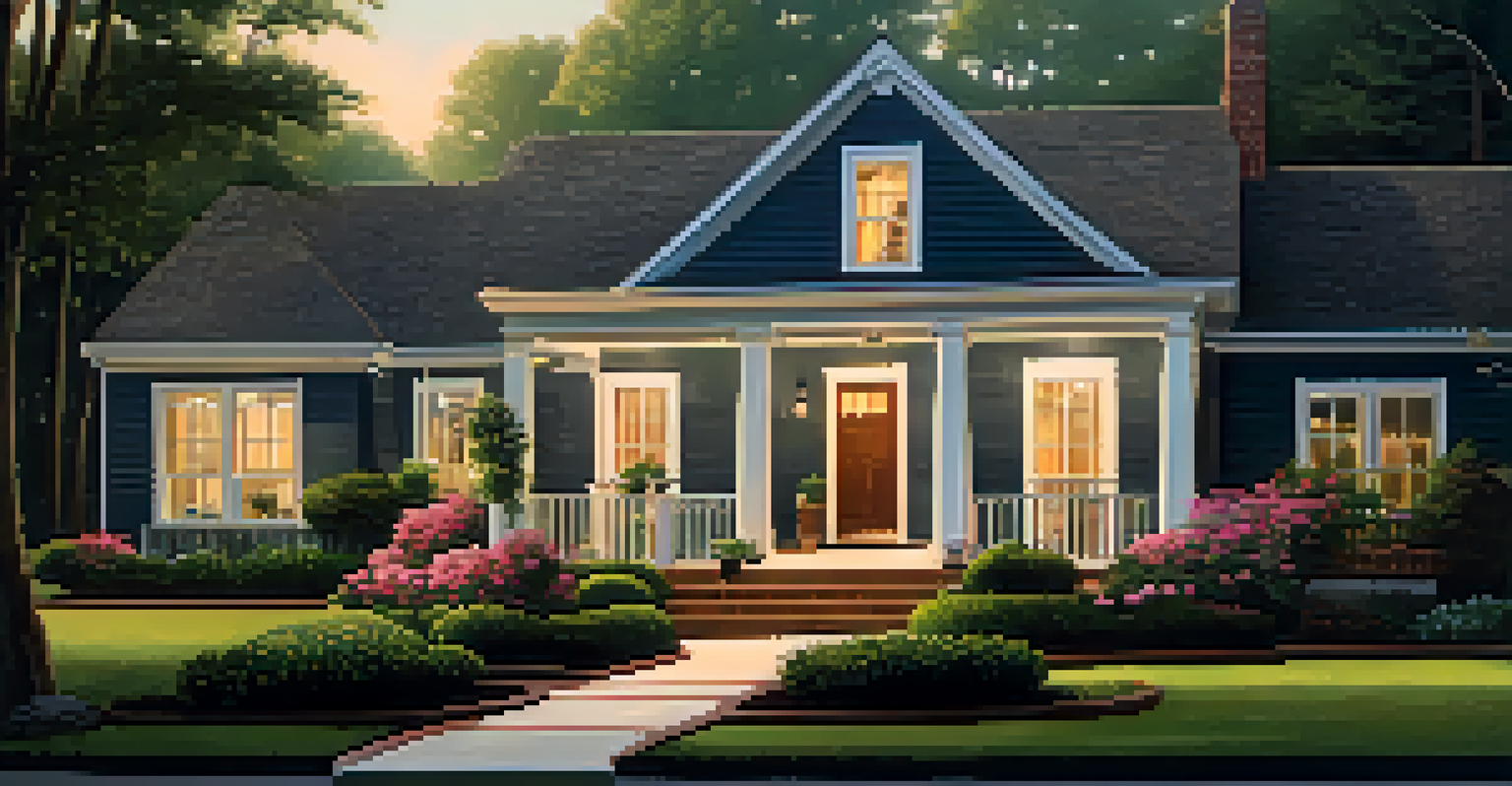 An inviting home exterior at dusk, showcasing smart security features like a doorbell and cameras, surrounded by beautiful landscaping.