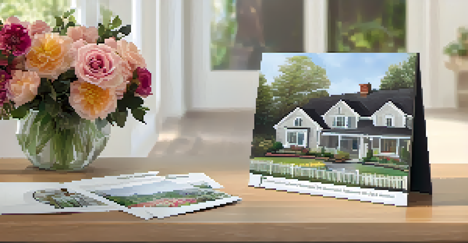A detailed brochure about a property on display at an open house, with a welcoming sign and fresh flowers.