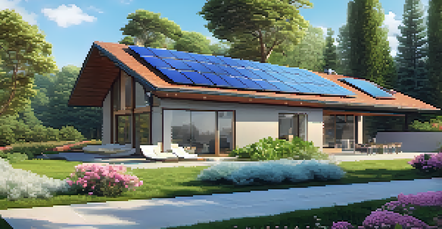 A modern home equipped with solar panels and smart garden devices, surrounded by vibrant greenery and flowers.