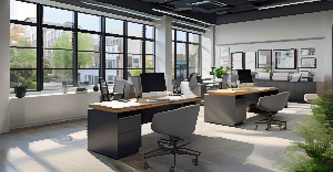 Modern real estate office interior with desks, decor, and natural light.