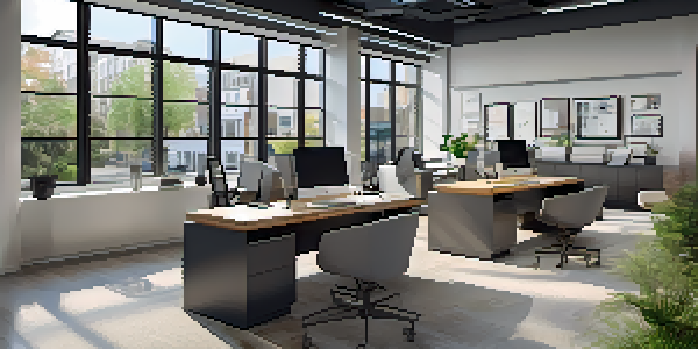 Modern real estate office interior with desks, decor, and natural light.
