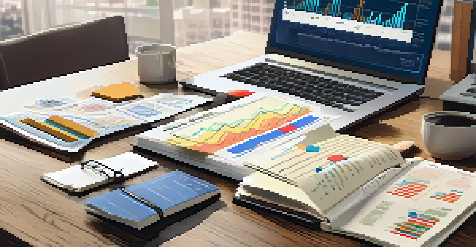 A financial analyst's desk with a laptop showing real estate market trends and investment notes.