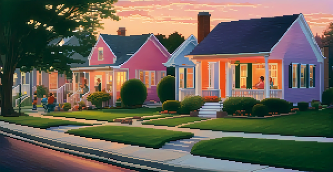 A peaceful suburban neighborhood at sunset with colorful skies and families enjoying their time outdoors.