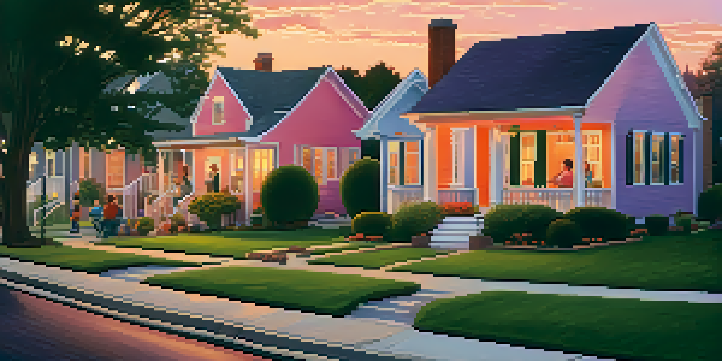 A peaceful suburban neighborhood at sunset with colorful skies and families enjoying their time outdoors.