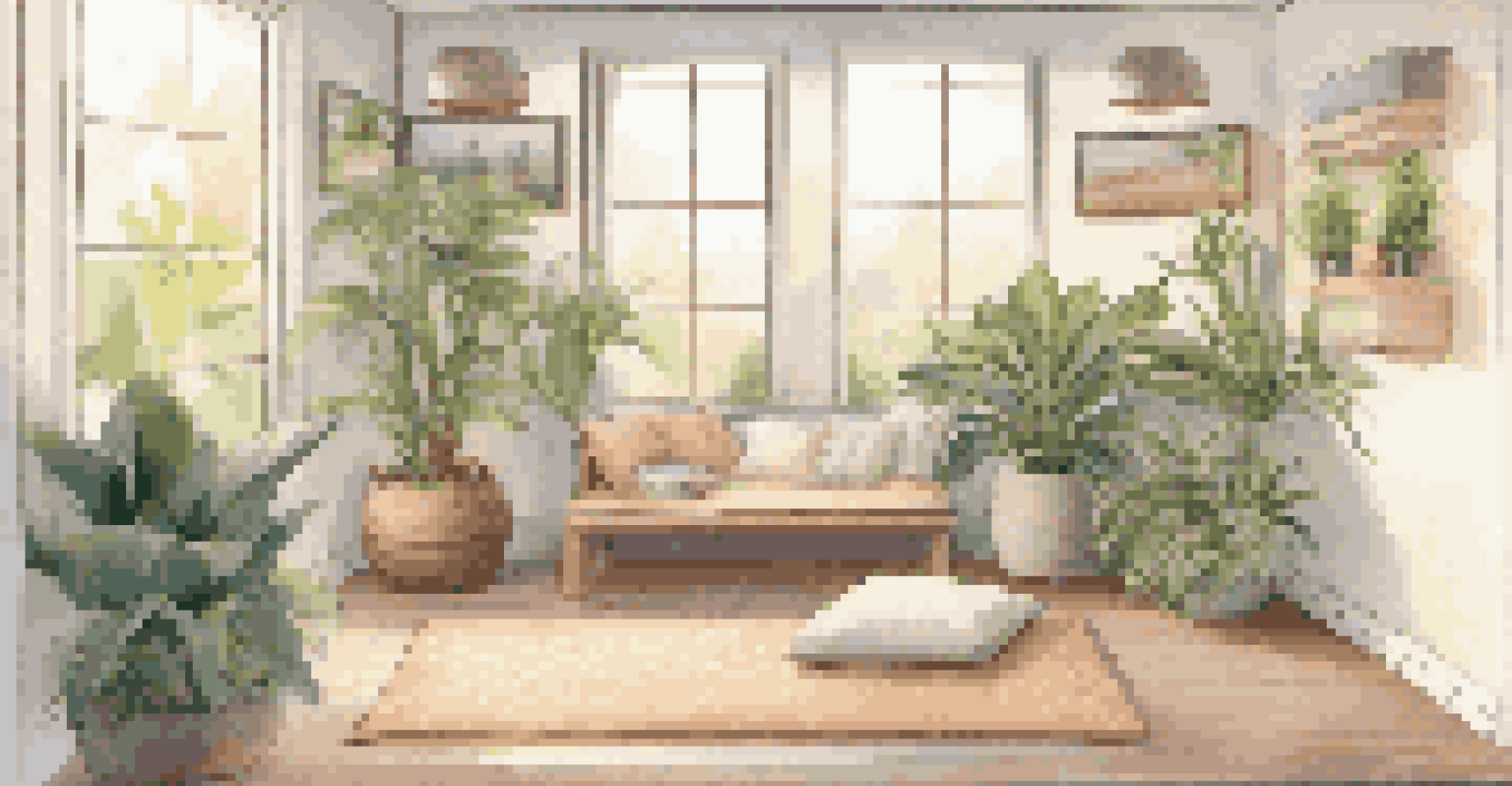 A peaceful meditation corner with soft lighting, cushions, and plants, designed for relaxation and mindfulness.