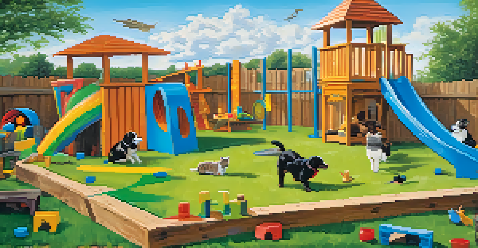 An outdoor pet play area with colorful obstacles and happy pets playing.