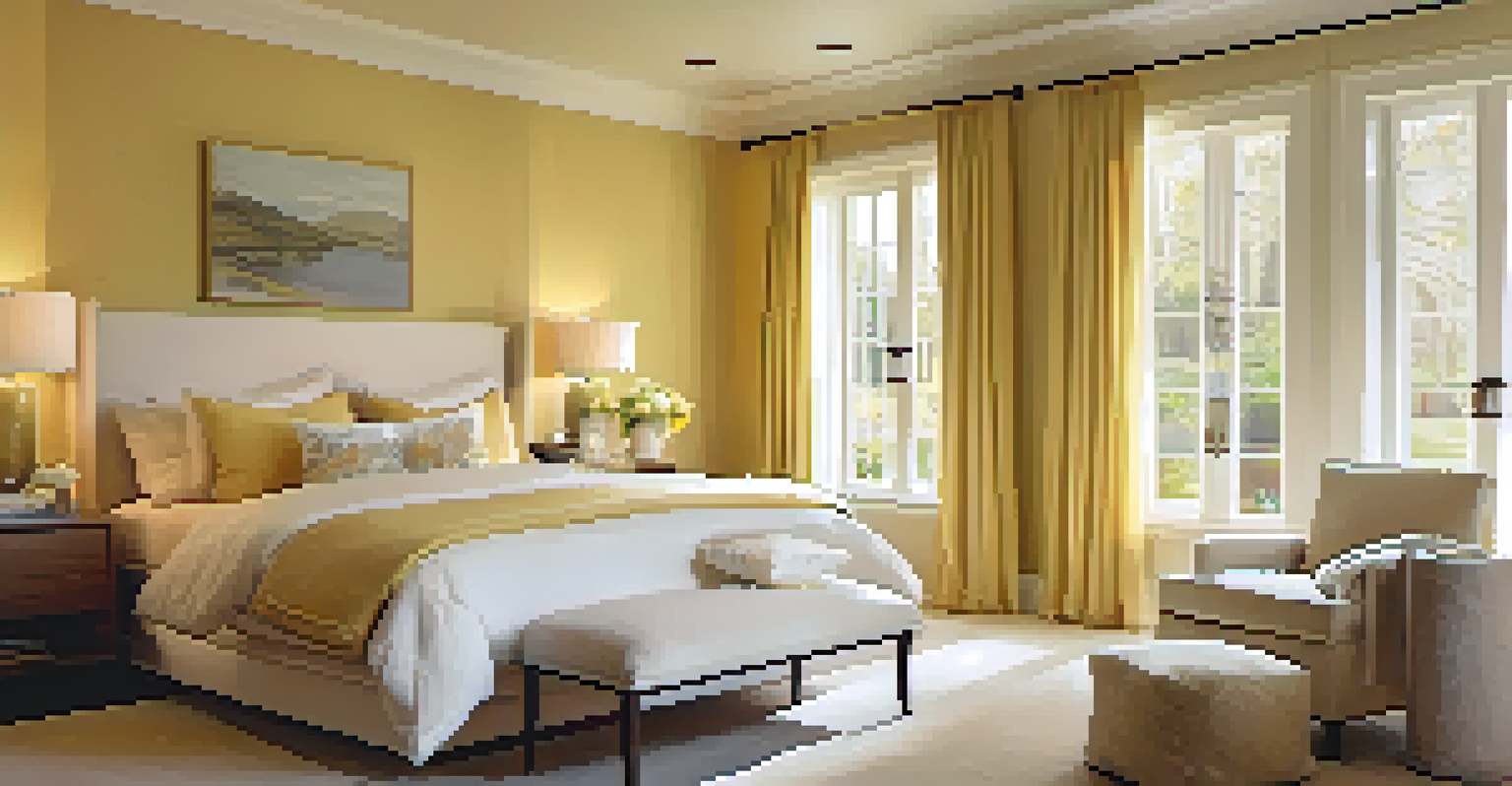A serene bedroom with soft yellow walls, cozy bedding, and warm lighting from bedside lamps.