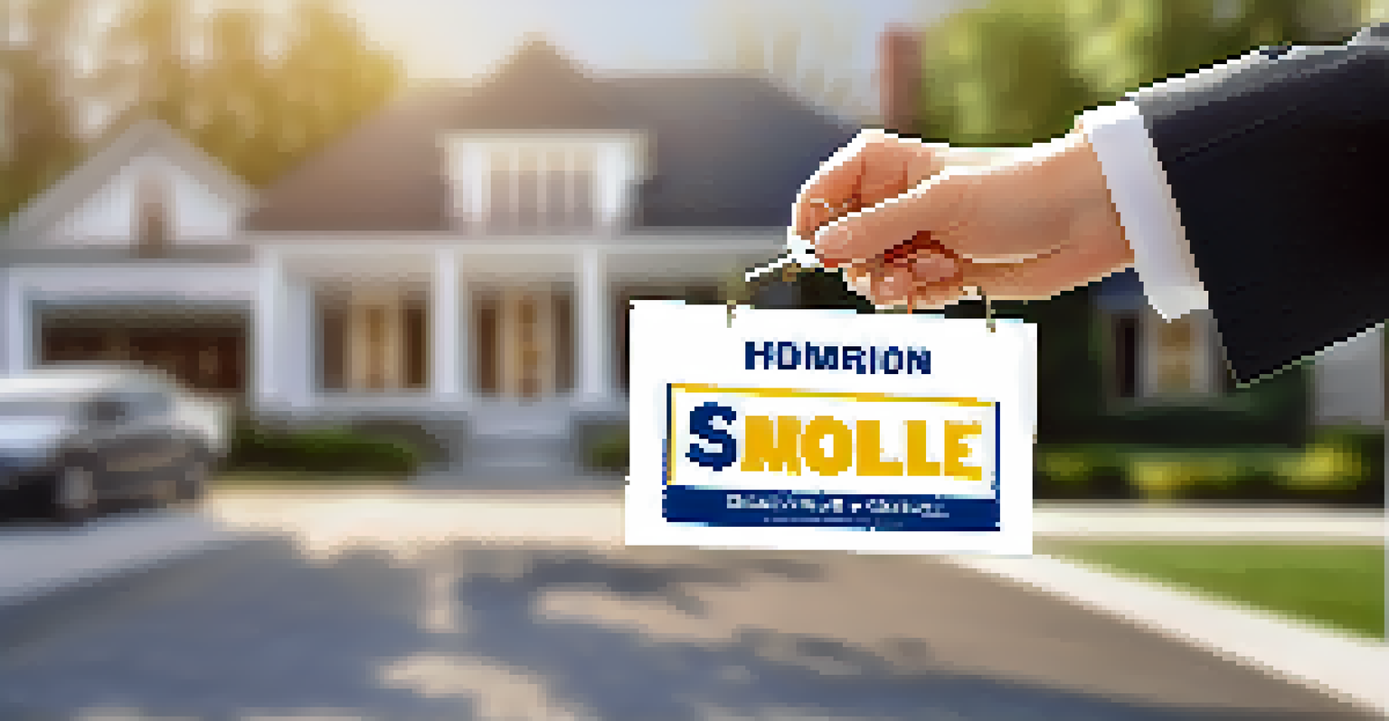 A real estate agent's hands holding a key and a 'Sold' sign in front of a house, with a professional appearance and a sunny background.