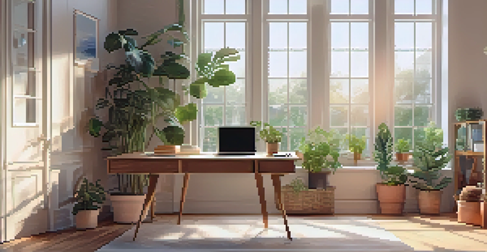 A well-lit home office with a wooden desk, laptop, and indoor plants, designed for remote work.