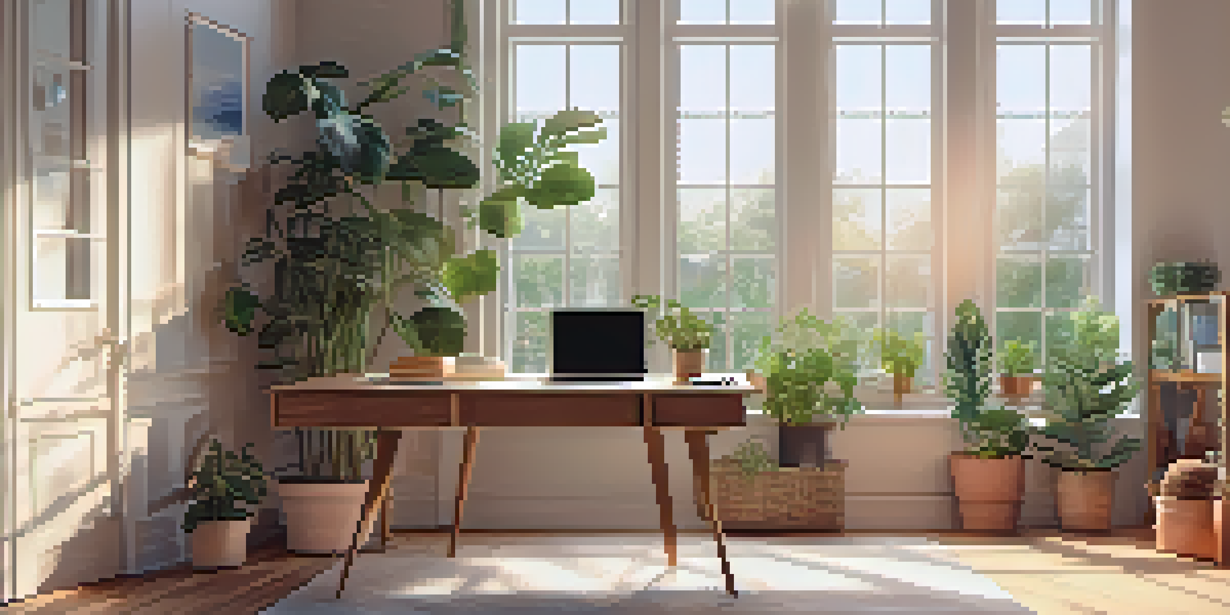 A well-lit home office with a wooden desk, laptop, and indoor plants, designed for remote work.