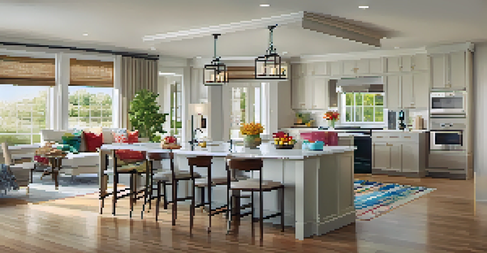 A bright and airy open floor plan showcasing a kitchen, dining area, and living room with large windows and warm wooden floors, decorated with colorful cushions and artwork.