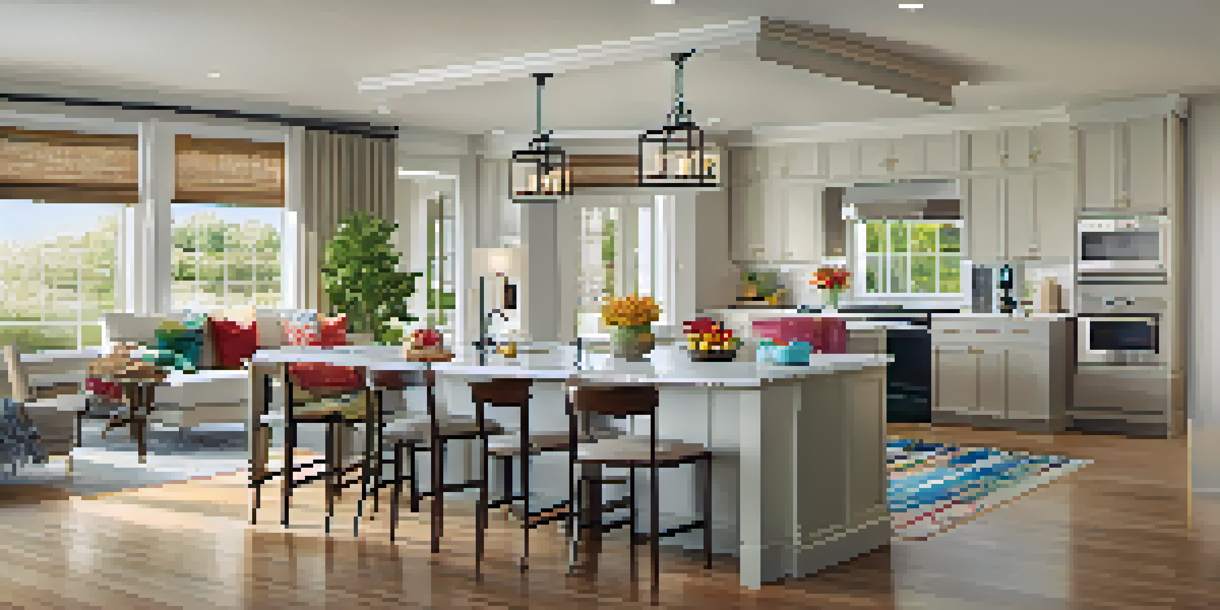 A bright and airy open floor plan showcasing a kitchen, dining area, and living room with large windows and warm wooden floors, decorated with colorful cushions and artwork.