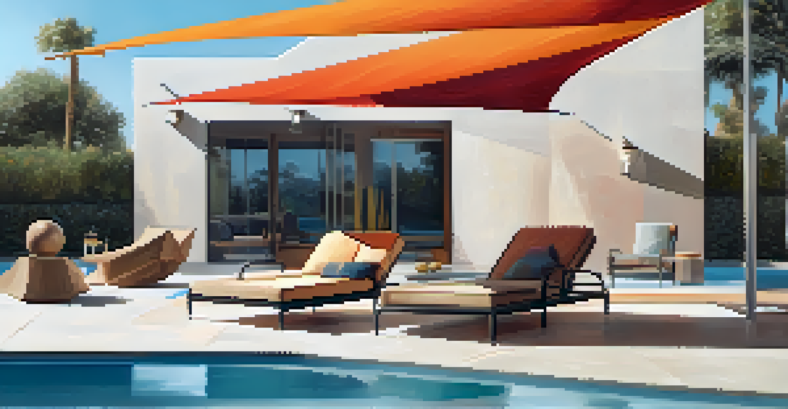 A modern outdoor area with colorful shade sails above a pool, creating interesting shadows, with lounge chairs nearby.