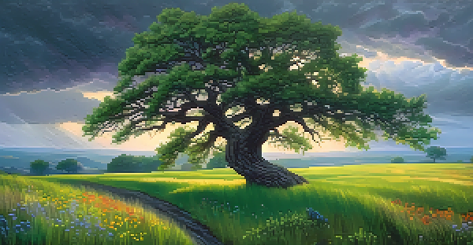 A resilient oak tree bending in the wind during a storm, surrounded by vibrant grass and wildflowers.