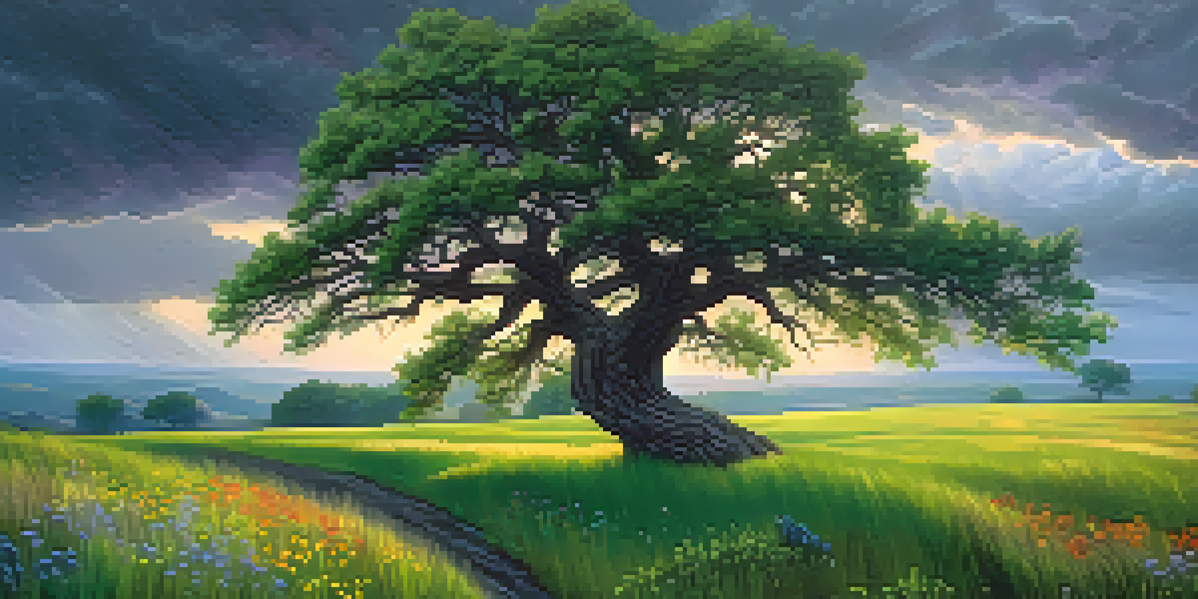 A resilient oak tree bending in the wind during a storm, surrounded by vibrant grass and wildflowers.