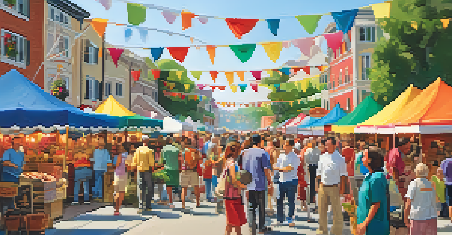 A lively neighborhood festival scene with colorful stalls, people enjoying activities, and families interacting, showcasing a joyful community atmosphere.