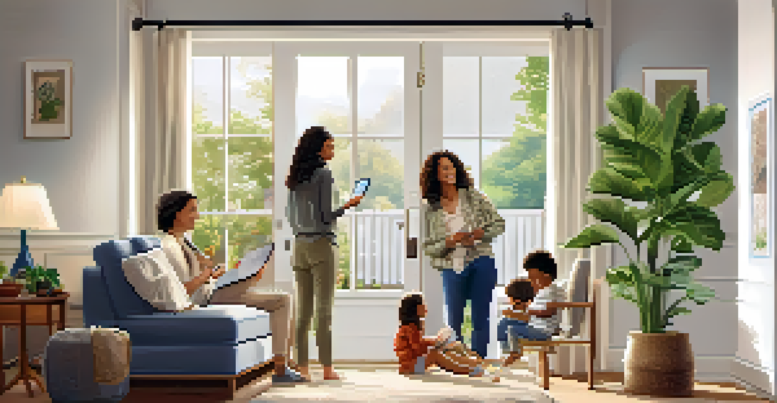 A family using a tablet to control a smart lock in a cozy living room.