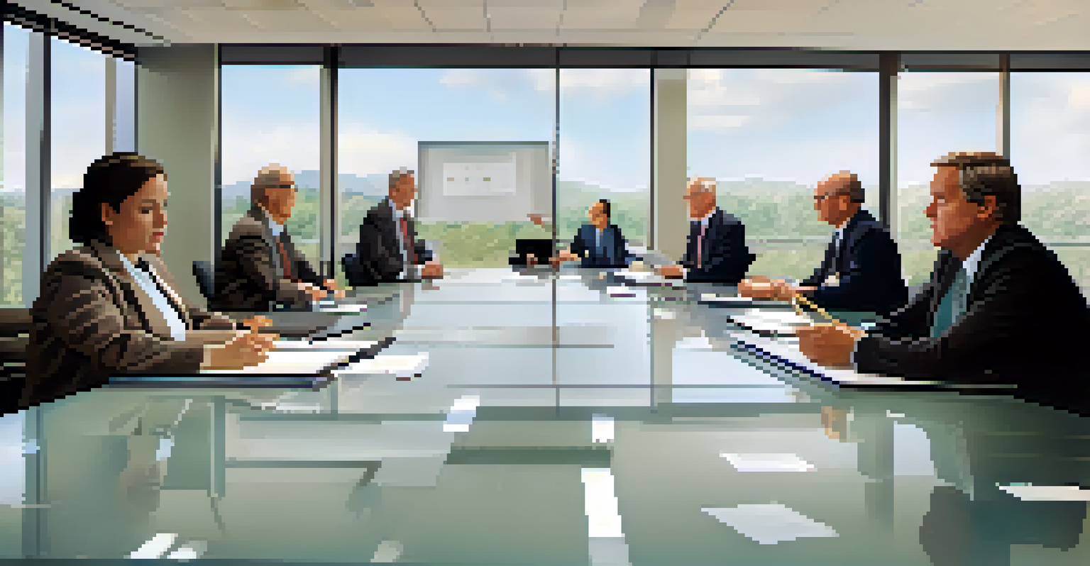 An HOA board meeting in a conference room with members discussing disaster management strategies, with large windows showing the community view.