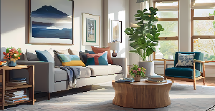 A bright and inviting living room set up for an open house, featuring a sofa, coffee table, and floral decor, with a real estate agent greeting visitors.