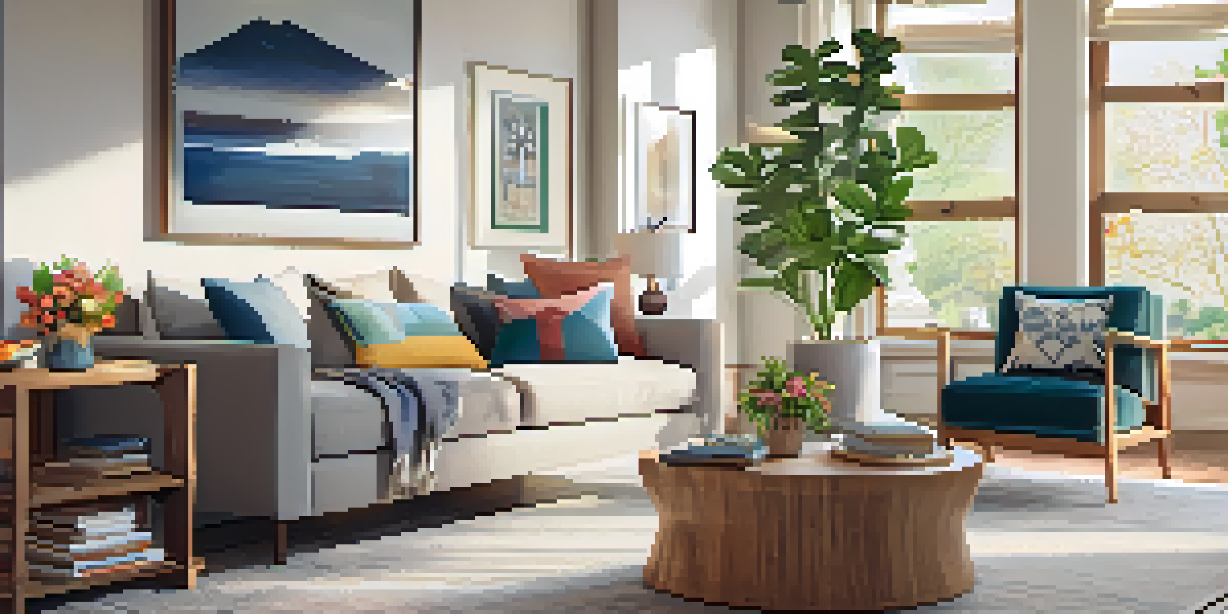 A bright and inviting living room set up for an open house, featuring a sofa, coffee table, and floral decor, with a real estate agent greeting visitors.