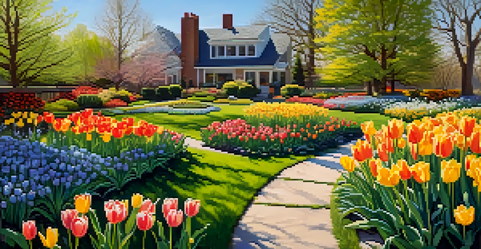 A colorful spring garden filled with blooming tulips and daffodils, under clear blue skies with warm sunlight illuminating the scene.