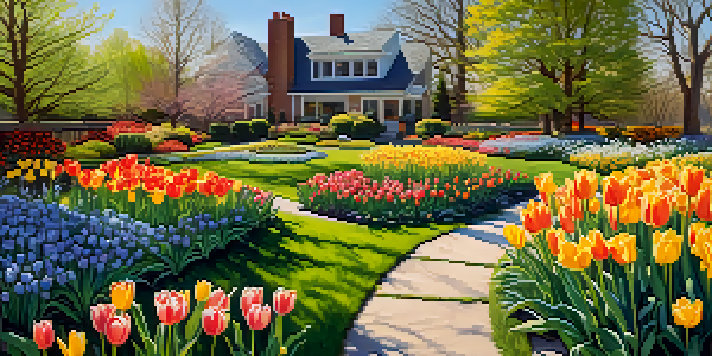 A colorful spring garden filled with blooming tulips and daffodils, under clear blue skies with warm sunlight illuminating the scene.