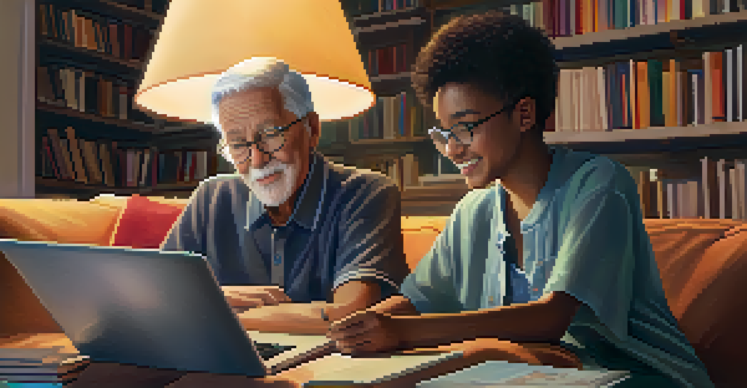 An elderly grandparent and a teenager learning together on a laptop in a cozy living room.