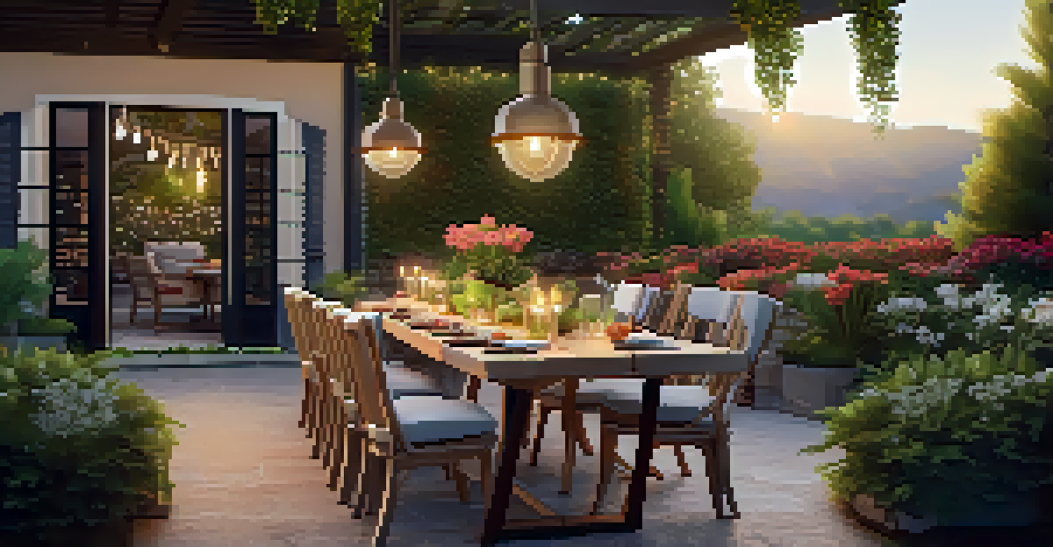 An outdoor patio with a dining table and surrounding greenery at sunset.