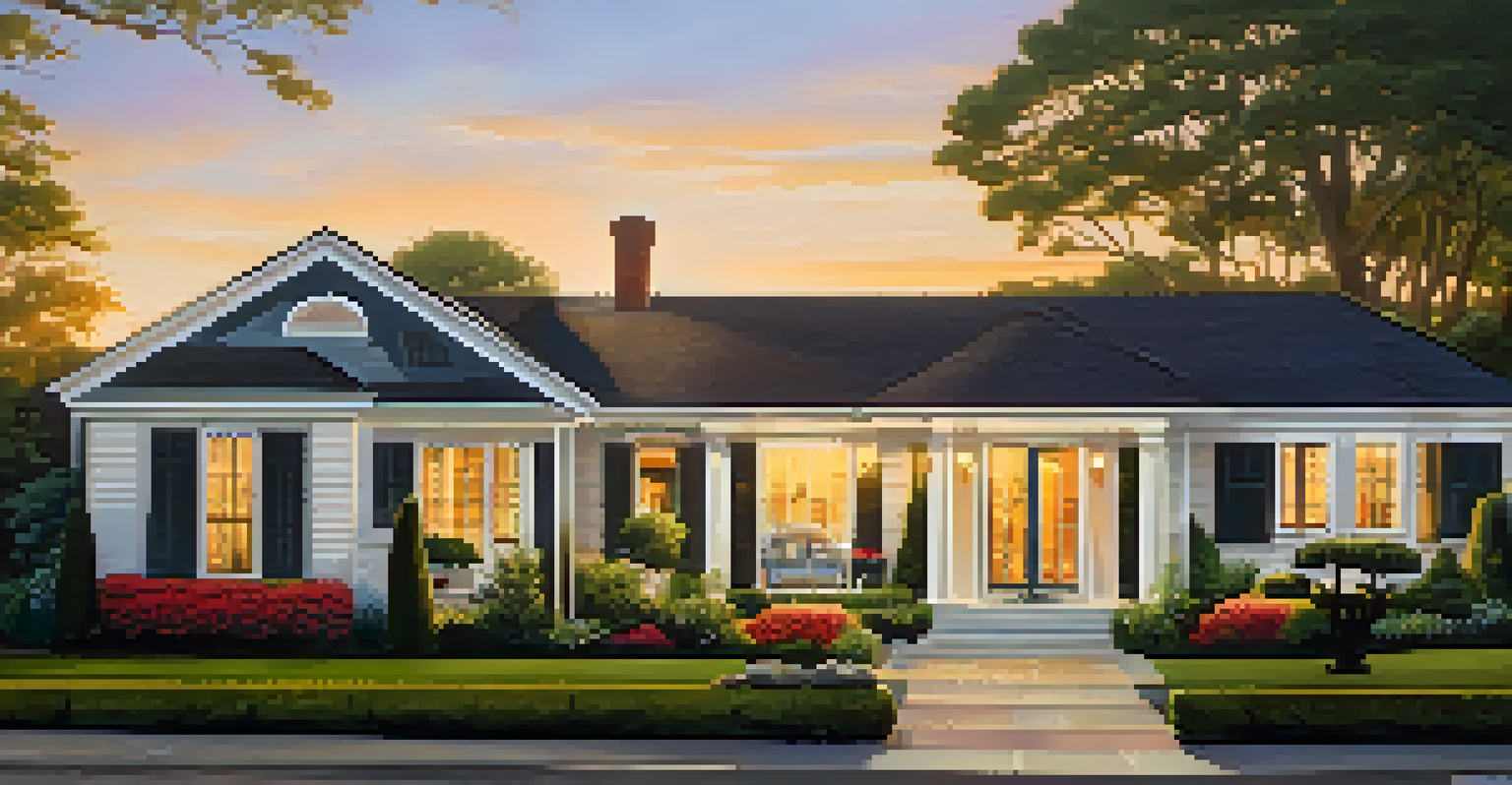A picturesque home for sale, surrounded by a garden, with a sunset in the background and a 'For Sale' sign.