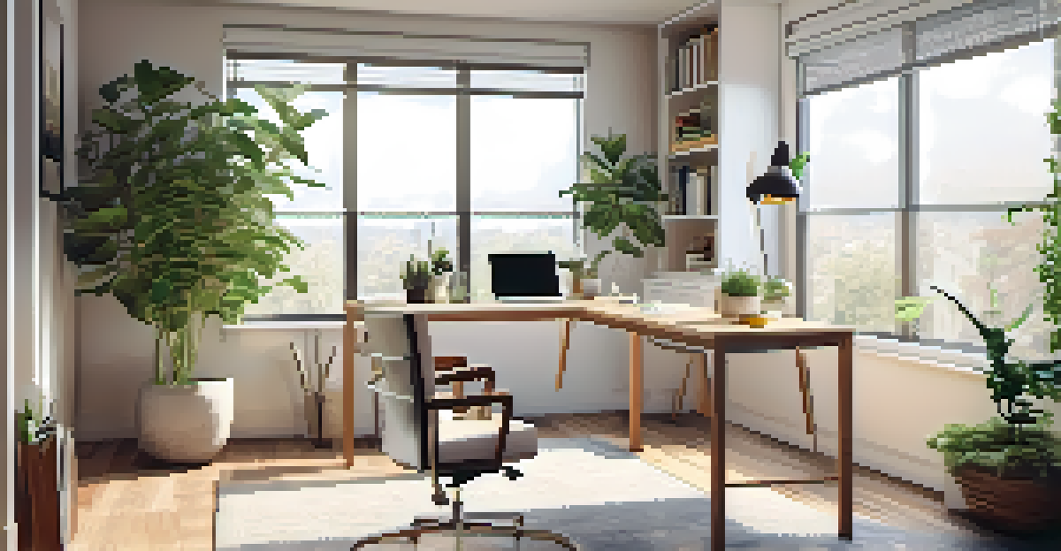 A bright home office corner with corner shelves of plants and books, a sleek corner desk, and ample natural light.