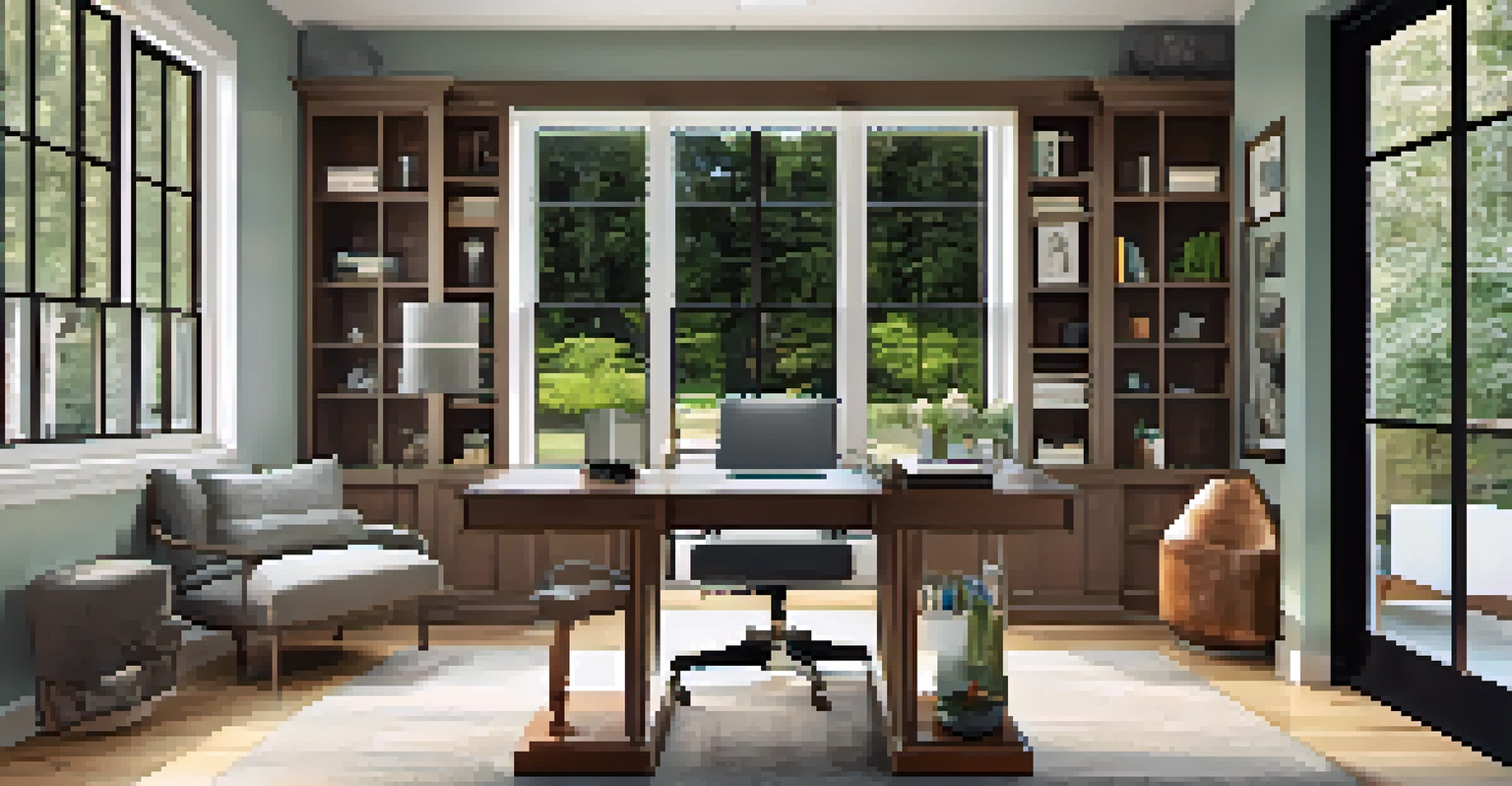 A multi-functional home office with a stylish desk and comfortable seating, designed to be inviting and relaxing, filled with natural light.
