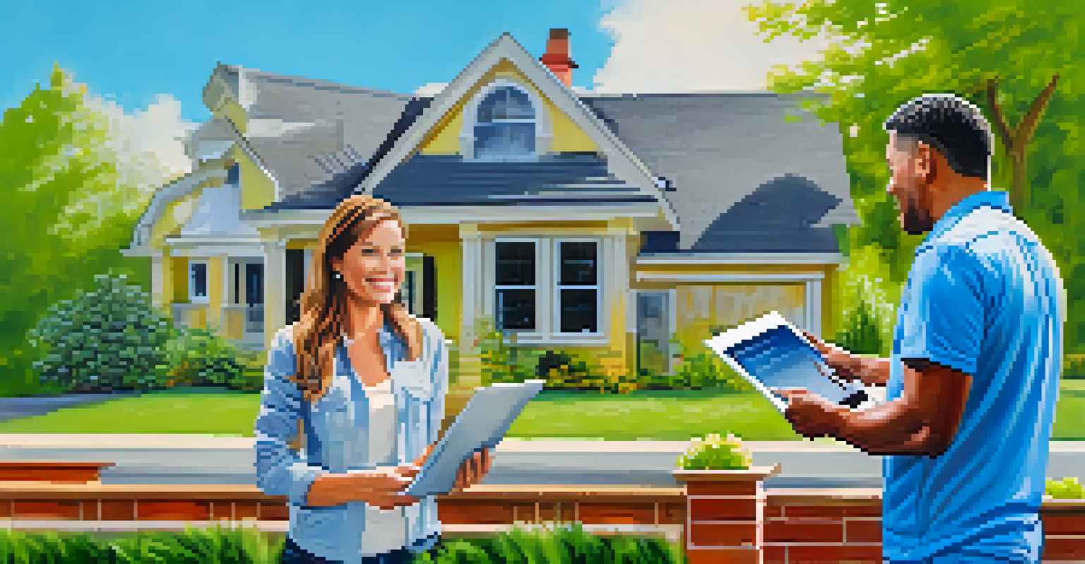 A homeowner and contractor discussing renovation plans outdoors, with a tablet displaying positive reviews against a backdrop of a house.