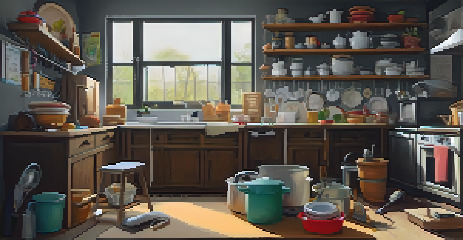 A kitchen corner showing a designated clutter zone with a table of items and a chalkboard for cleaning routines.