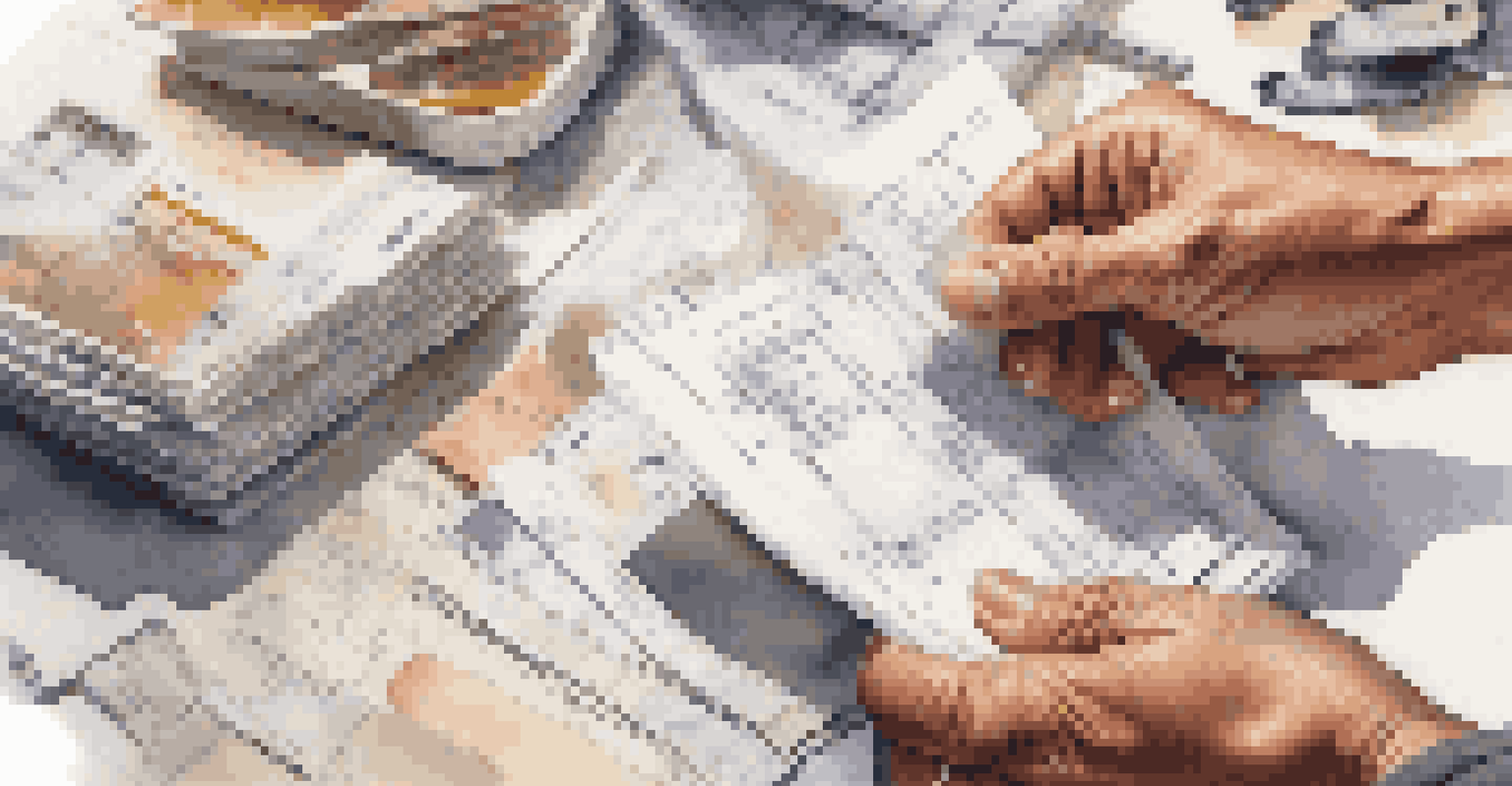 A close-up of hands holding receipts and photos of home improvements, with a blurred background.