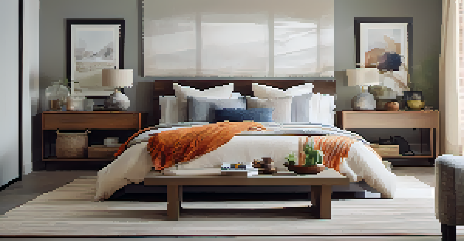 A stylish bedroom with layered colors and textures, including a cozy bed with vibrant pillows and a wooden bedside table.