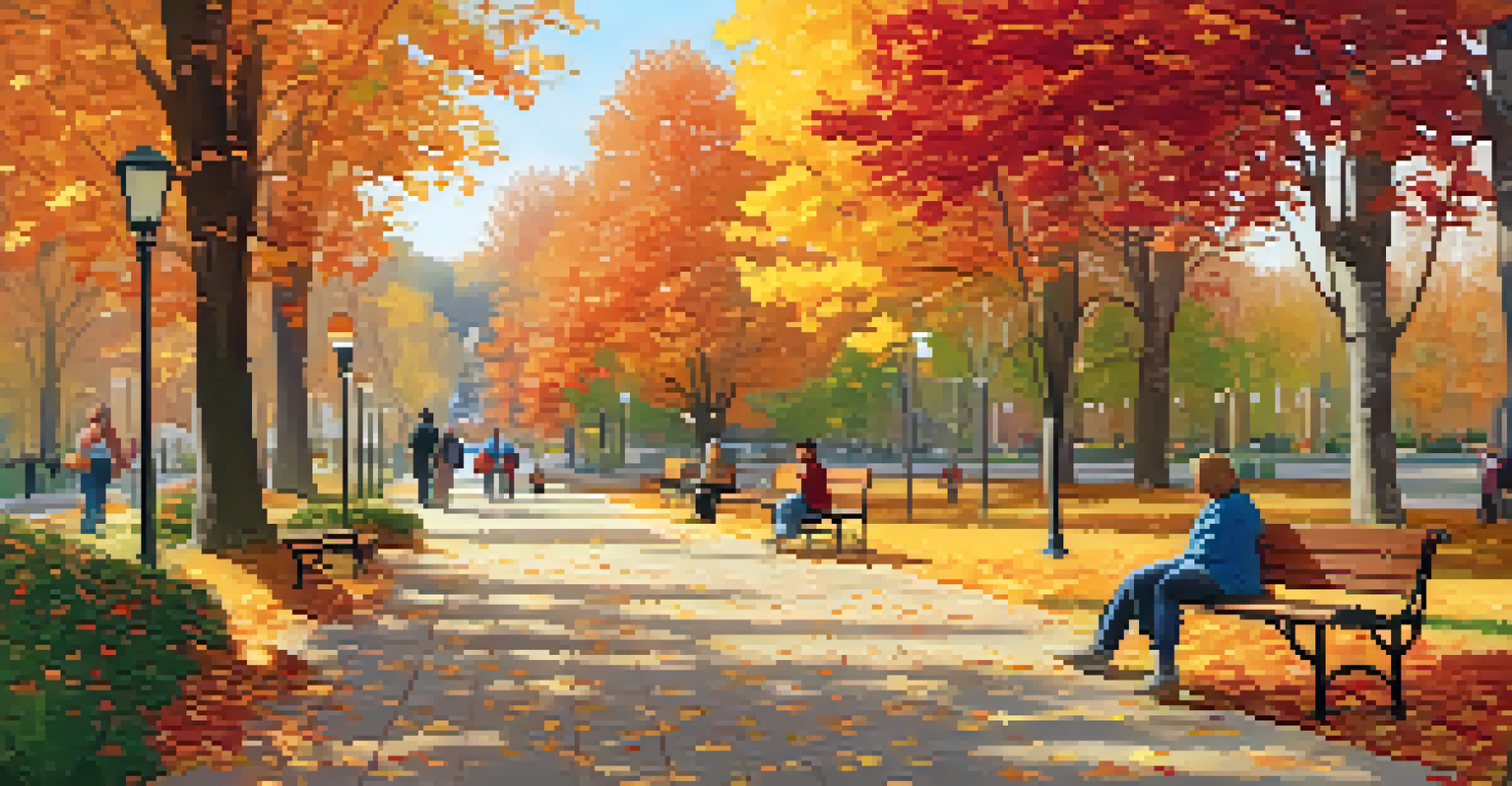 An autumn park scene with colorful leaves, a walking path, and families enjoying the outdoors.