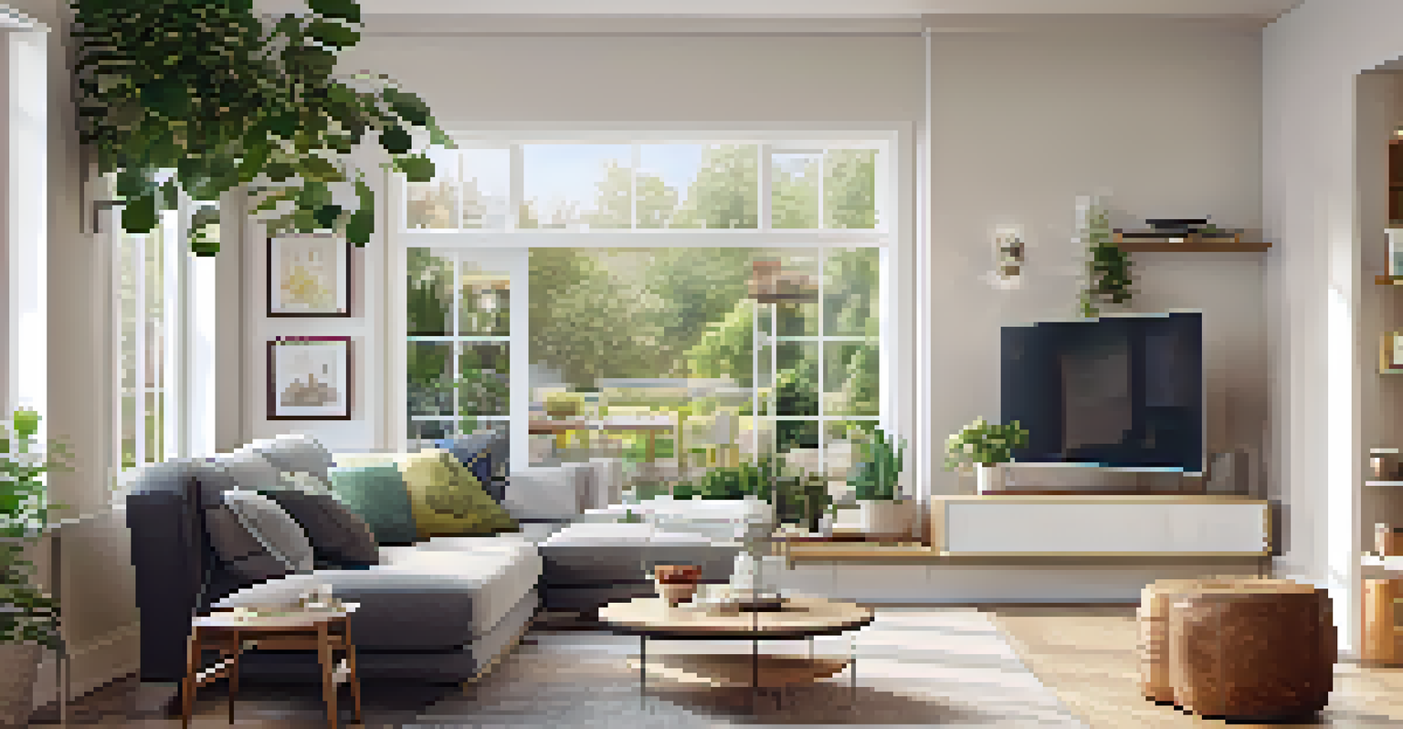 Interior view of a modern living room featuring smart technology and energy-efficient appliances.
