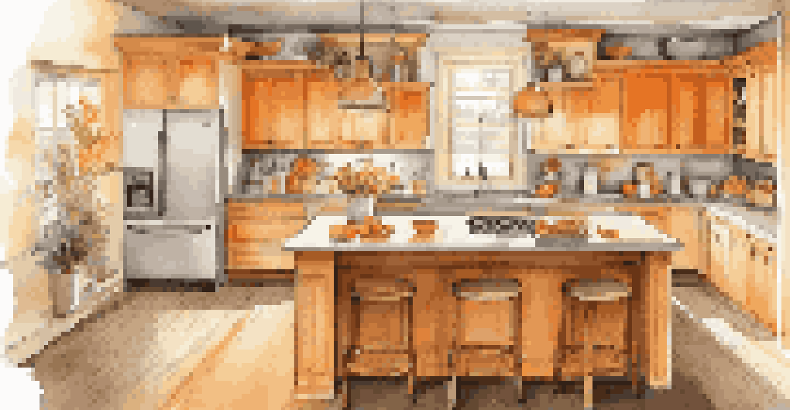 A warm and cozy kitchen with orange and yellow lighting, stylish cabinets, a central island, and decorative accent lights.