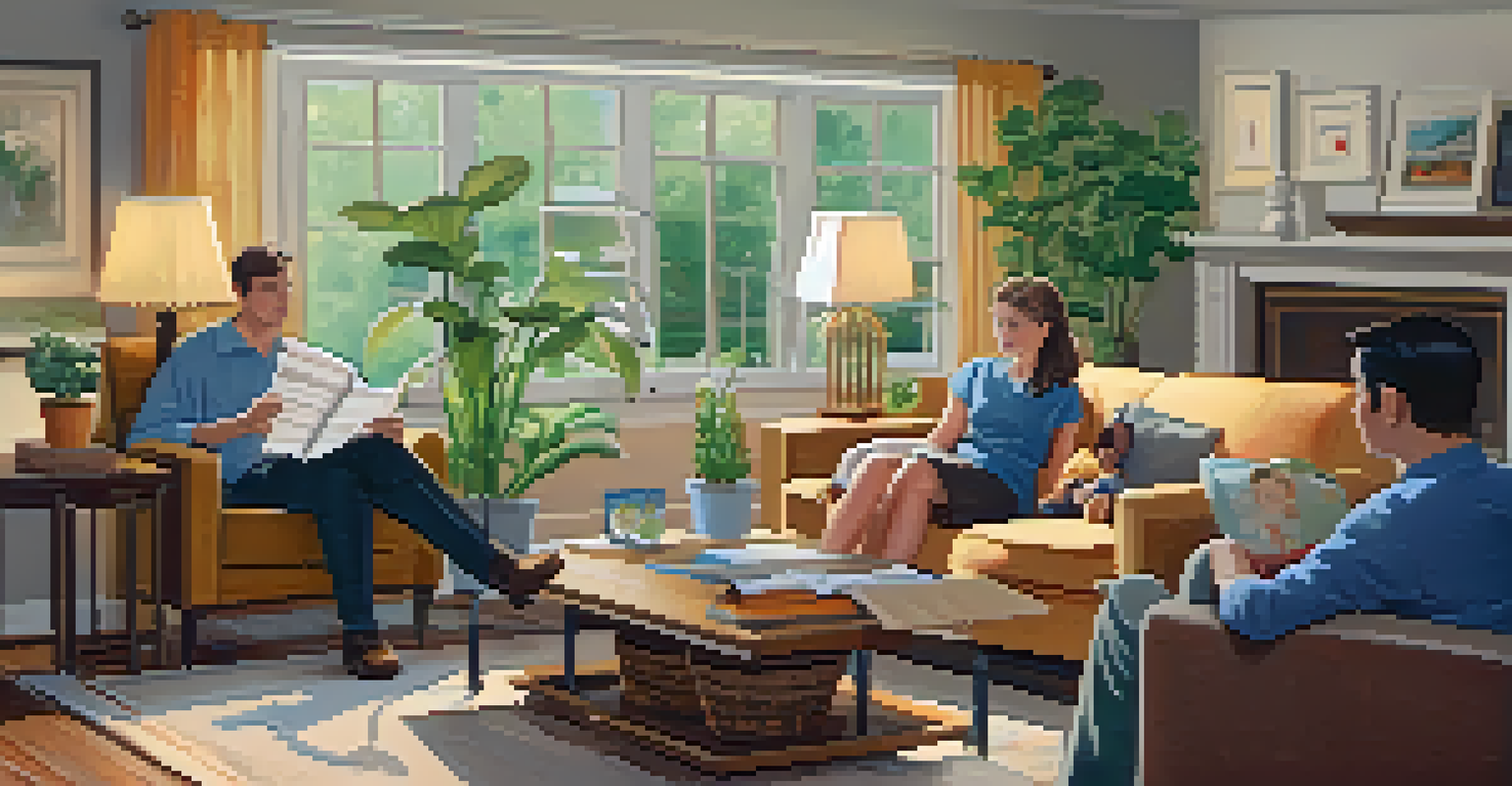 A family talking with a home inspector in a cozy living room filled with sunlight and plants, as they review an inspection report.