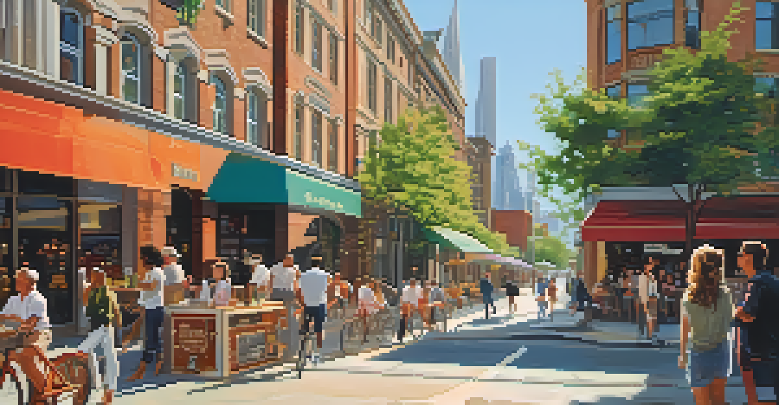 A busy city street with outdoor cafés, pedestrians, and a mix of modern and historical buildings under a clear sky.