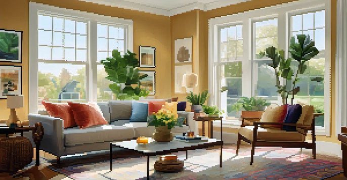 A warm and inviting living room with a sofa, coffee table, and natural light coming from a large window.