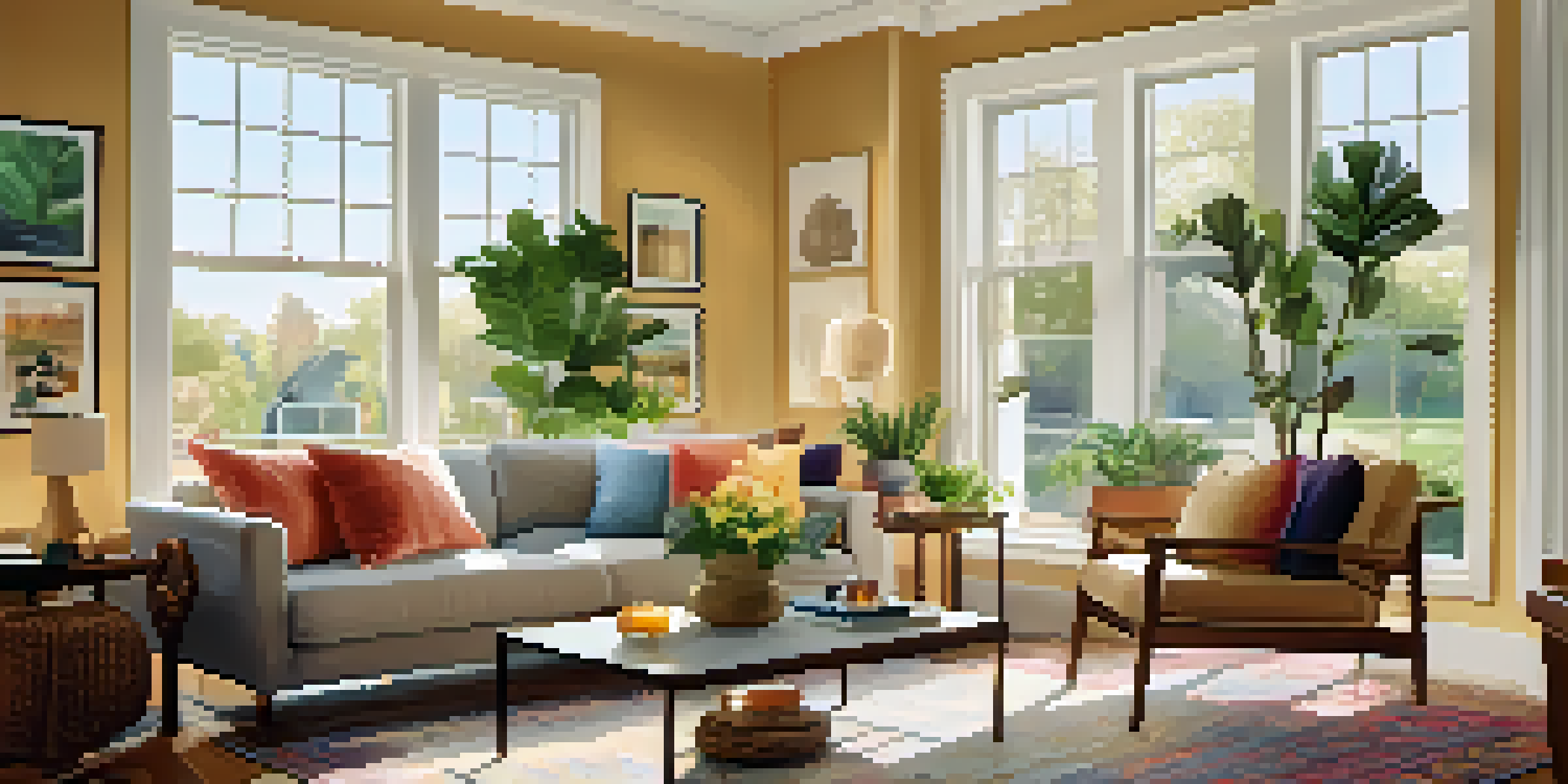 A warm and inviting living room with a sofa, coffee table, and natural light coming from a large window.