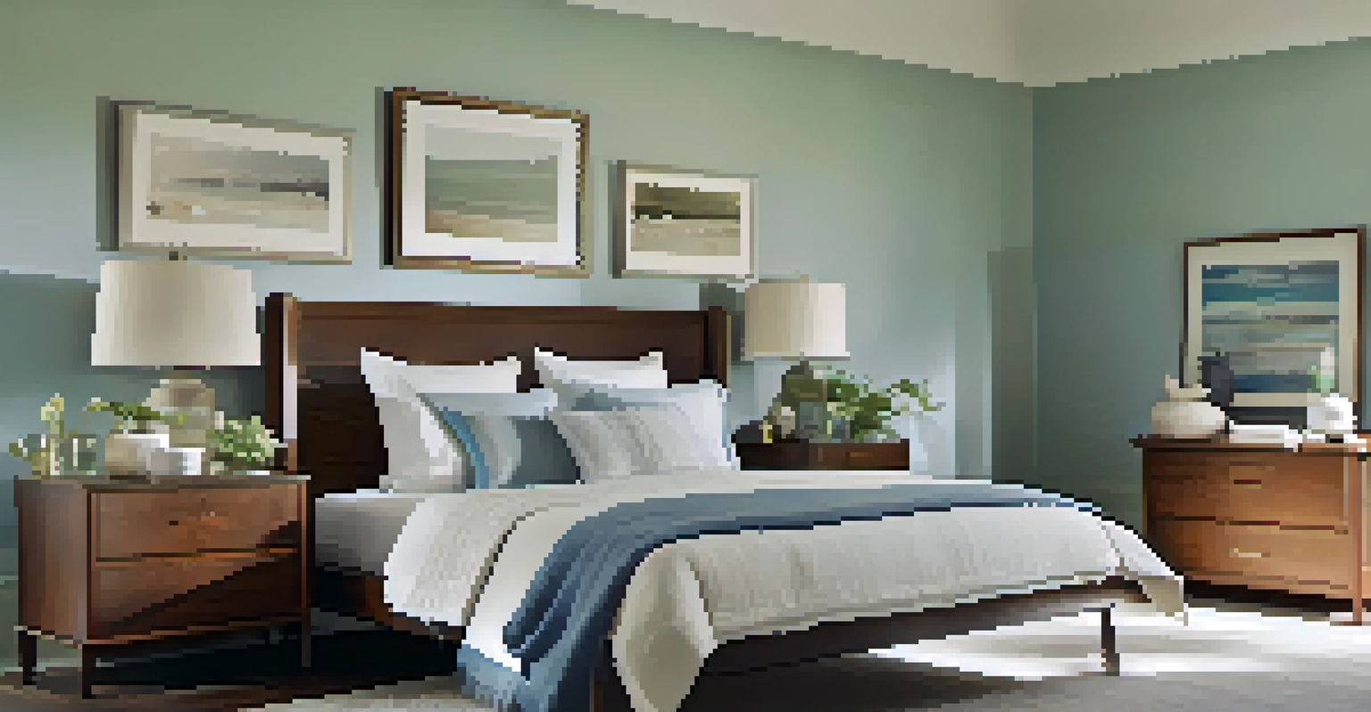 A tranquil bedroom featuring a large bed, soft linens, and personal photographs on the walls.