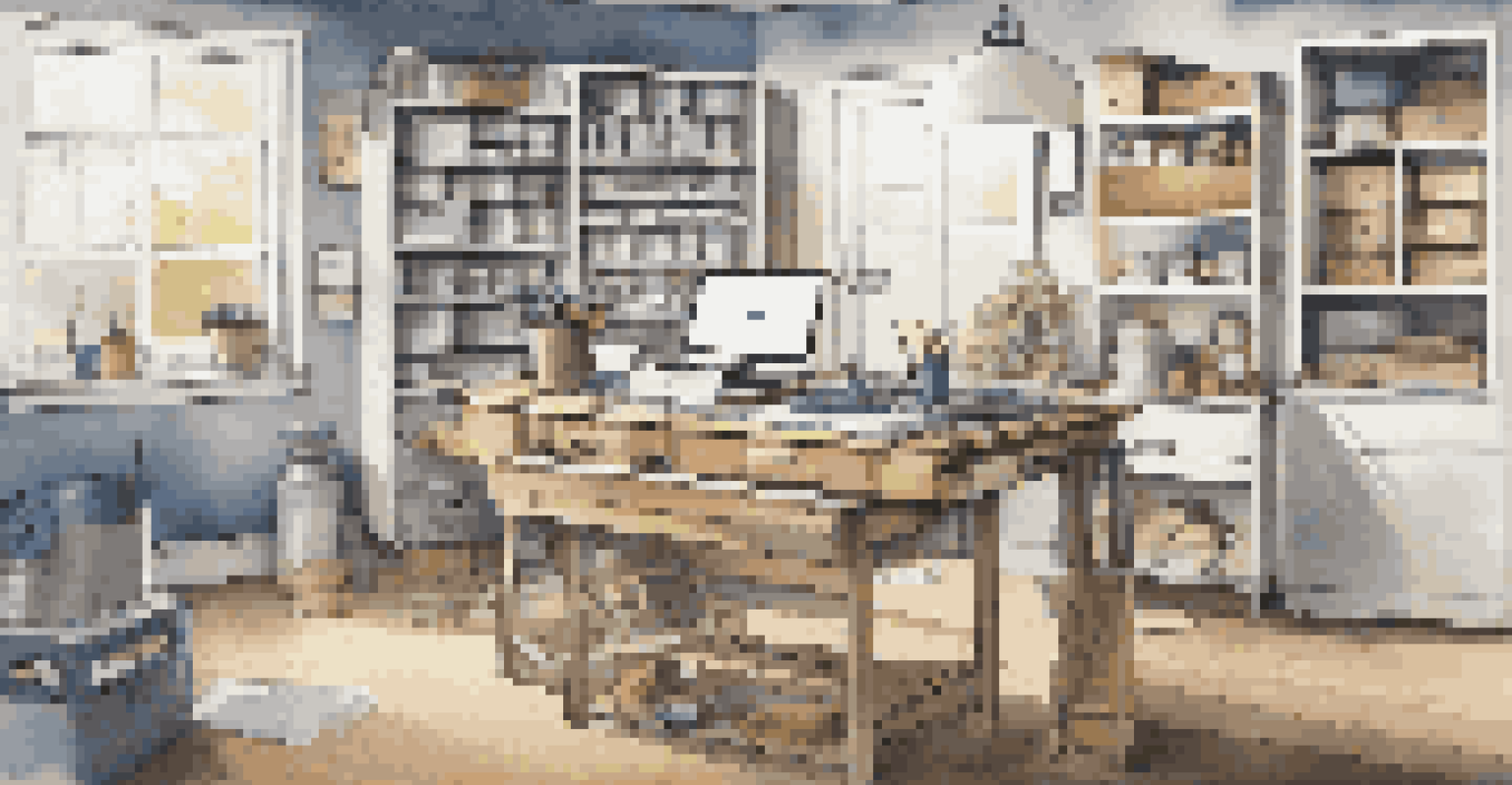 An organized workbench for home renovation, with tools, blueprints, and a laptop displaying project details.