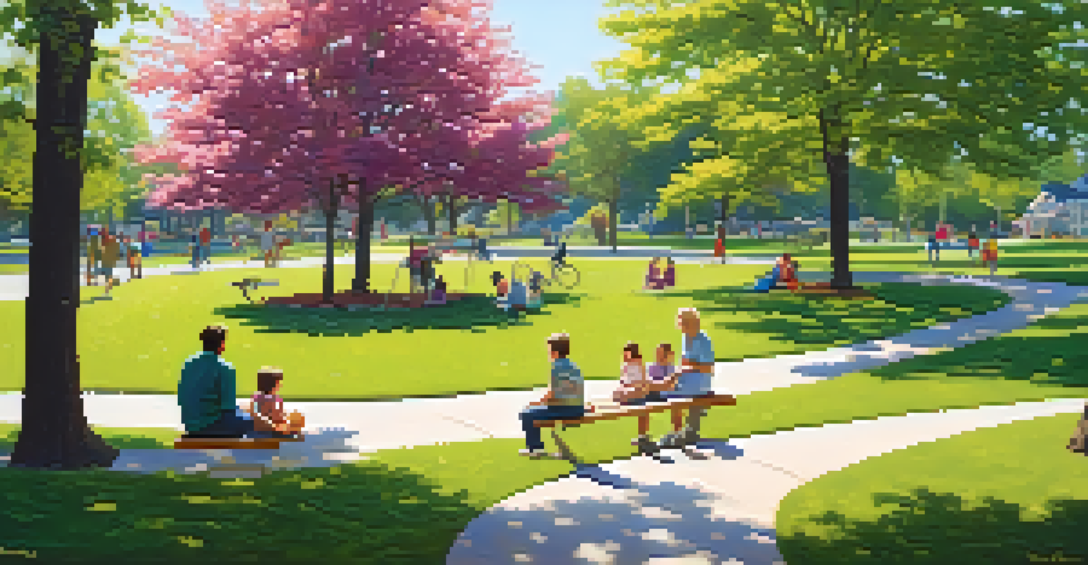 A peaceful neighborhood park with families, children playing, and adults picnicking on a sunny day.