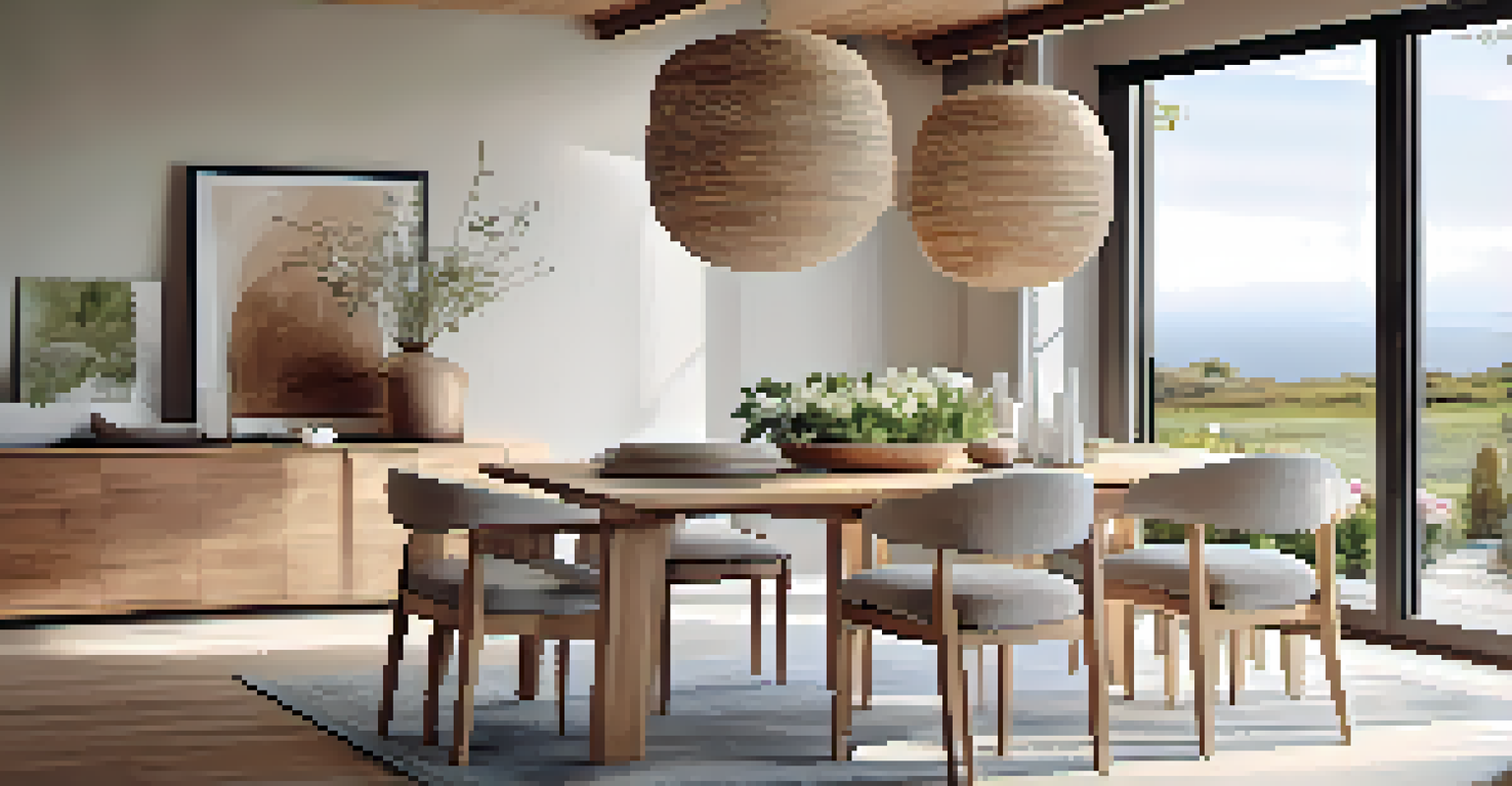 An elegant dining area featuring a sustainable wood table and eco-friendly dinnerware, illuminated by natural light.