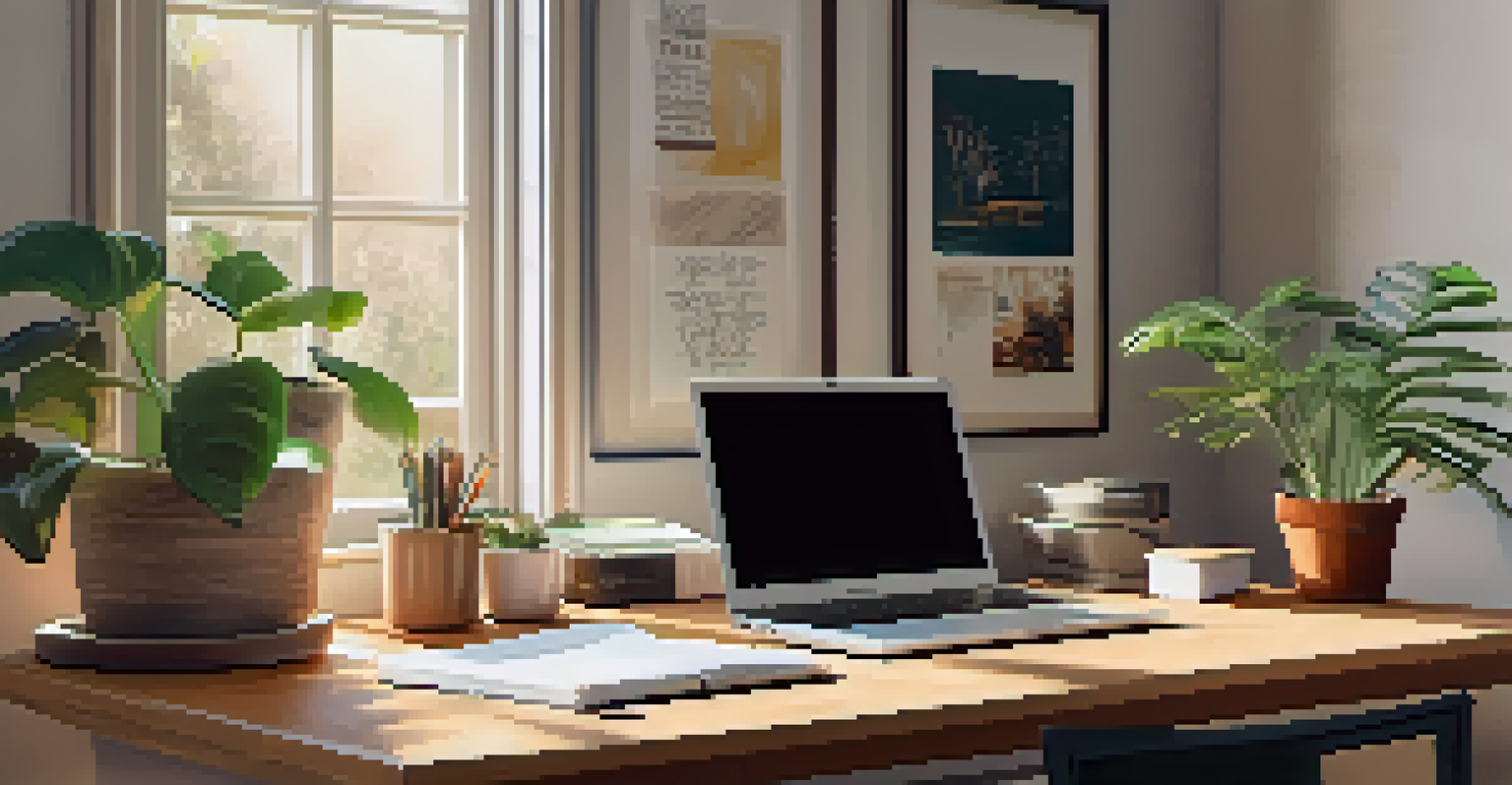 A cozy home office with a wooden desk, laptop, notebooks, and coffee, bathed in soft natural light and decorated with plants.