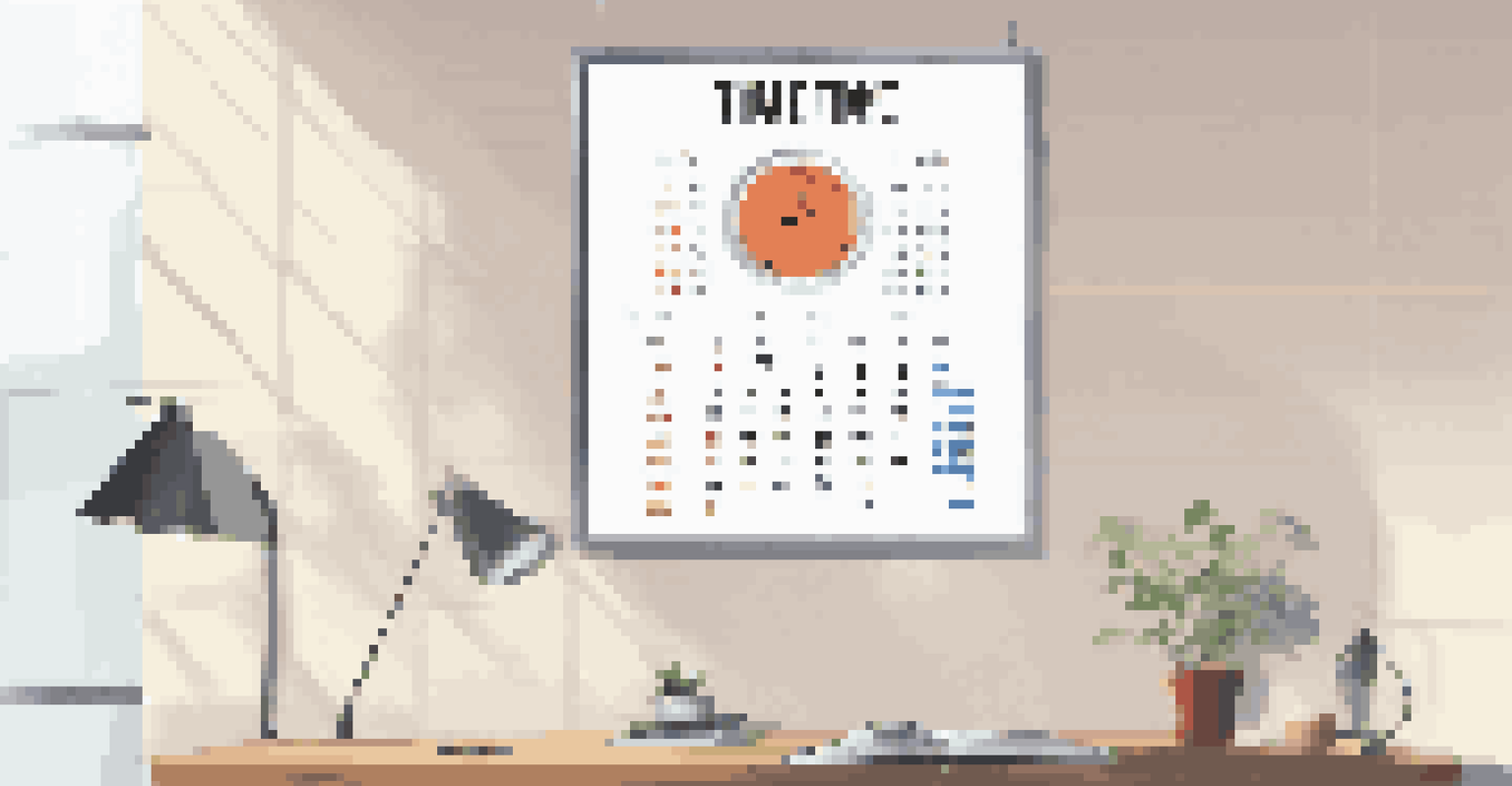 A clock showing 3:00 PM next to a calendar and timeline chart in a minimalist office with motivational posters.