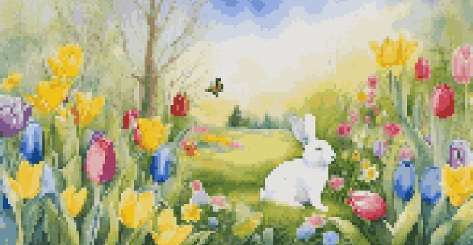 A colorful spring garden featuring blooming tulips and daffodils with decorative eggs and bunnies, under a clear blue sky.